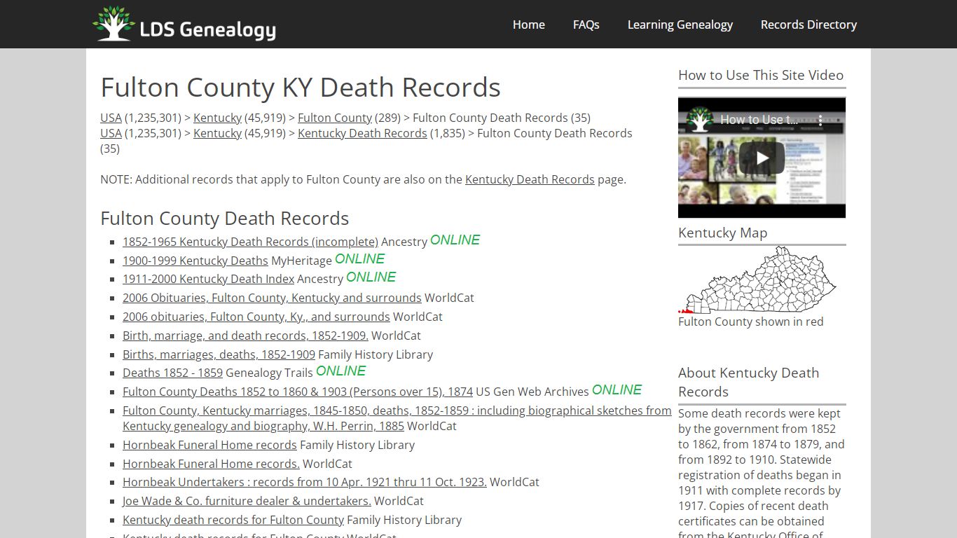 Fulton County KY Death Records - LDS Genealogy
