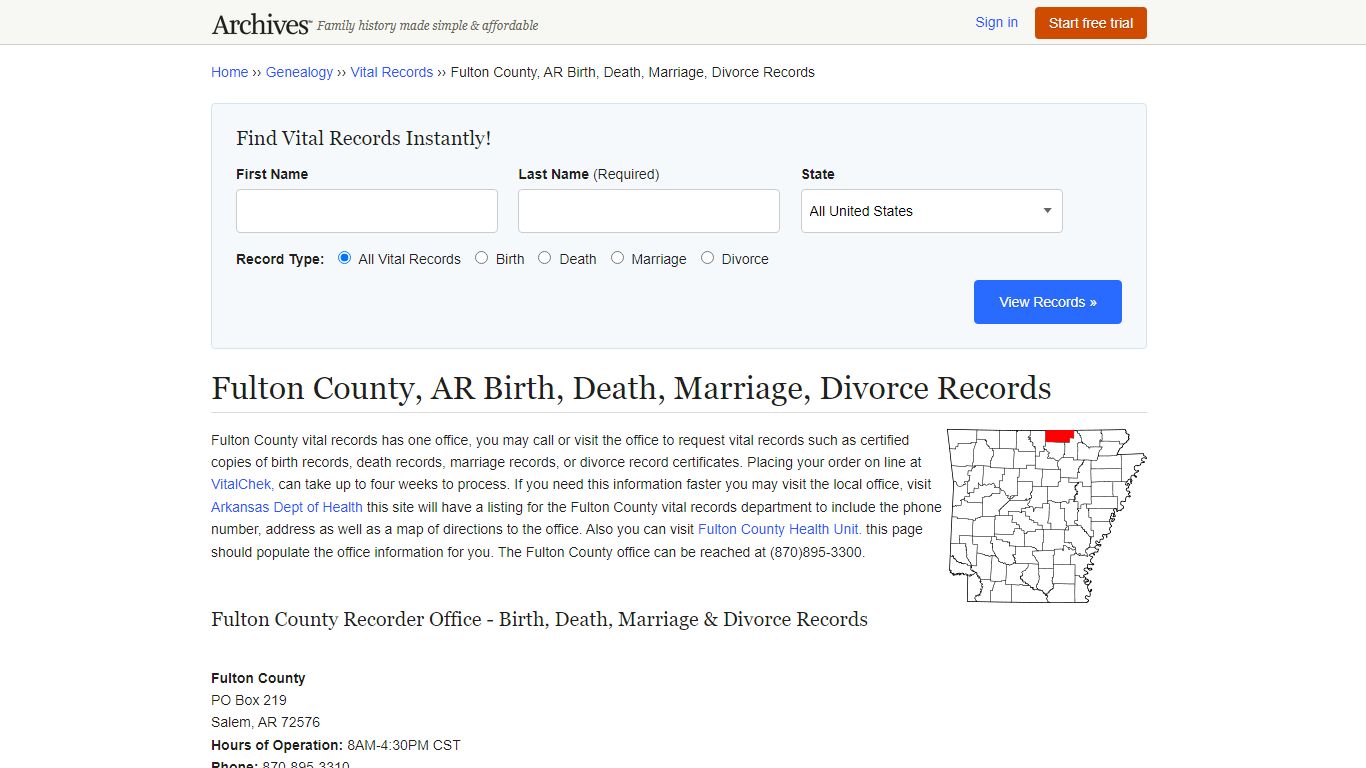 Fulton County, AR Birth, Death, Marriage, Divorce Records